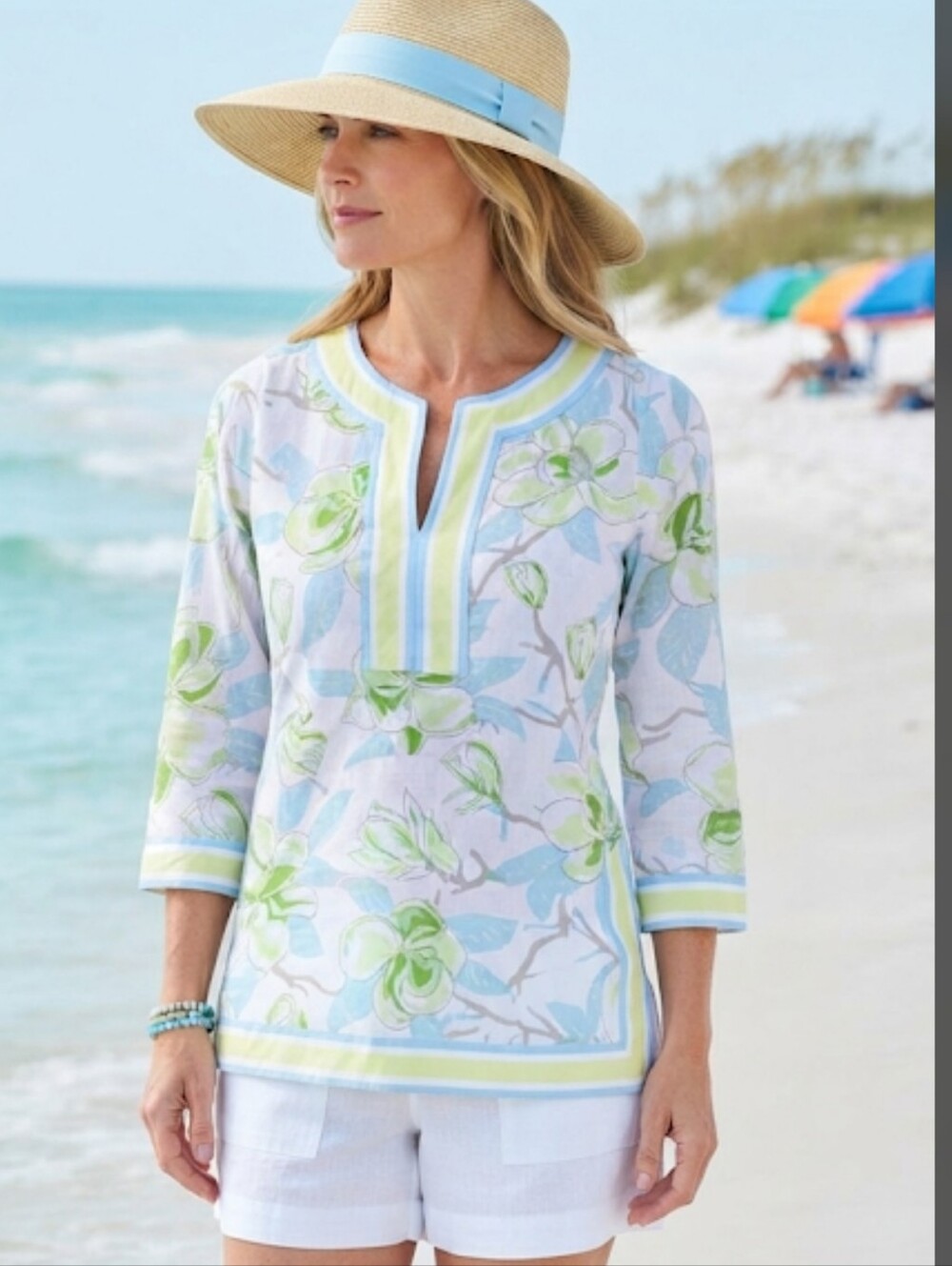 Women's-Style Floral Tunic Shirt in White, Green & Blue